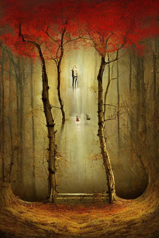 Image similar to immaculate painting of A Beautiful fine detailed gold and red and black Forest Illusion by erik johansson micro detailing