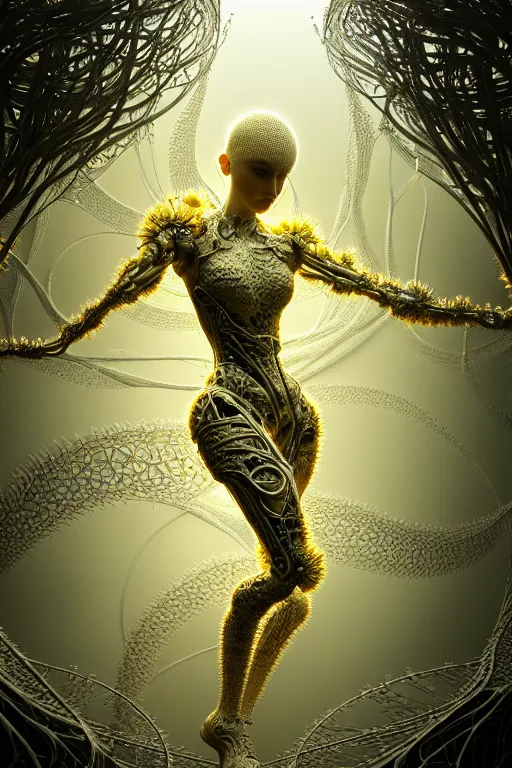 Prompt: intricate hyper detailed ultra sharp 3 d render, unity of mood, biomechanical cyborg ladies dancing, atmospheric, foliage, fractal, flowing, white large pore fungi, cyberpunk art nouveau, haute couture alexander mcqueen leaves stems dahlia blooming transparent fractal filigree roots, intricate details, octane render, volumetric cinematic lighting, natural beautiful light, yellow infrared, lumiol, 8 k,