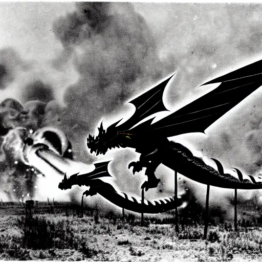 Image similar to black and white photo Dragons in Battle of Kursk WWII, dragons flying, tanks