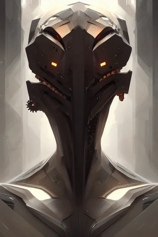 Image similar to professional concept art symmetrical portrait of a horrendous mechanical predatory species in a dark room by artgerm and greg rutkowski. an intricate, elegant, highly detailed digital painting, cubism, concept art, smooth, sharp focus, illustration, in the style of cam sykes.