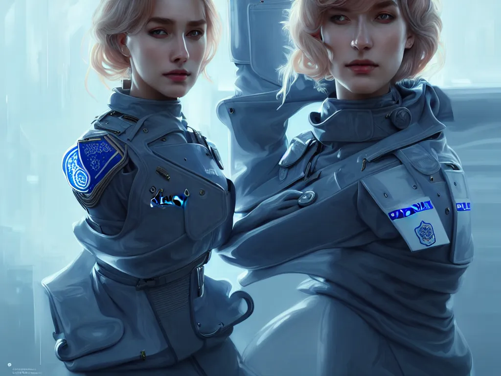 Prompt: portrait futuristic sweden police uniform female, at future neon light rooftop, ssci - fi and fantasy, intricate and very very beautiful and elegant, highly detailed, digital painting, artstation, concept art, smooth and sharp focus, illustration, art by tan zi and ayanamikodon and alphonse mucha and wlop