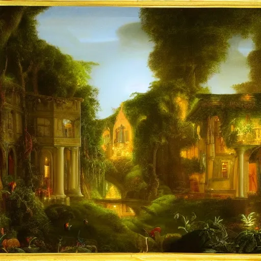 Prompt: many jewel colored hummingbirds with milky eyes hovering around plants in front of a sprawling manor in a renaissance architecture city street at night with rainforest greenery, thomas cole, illustration