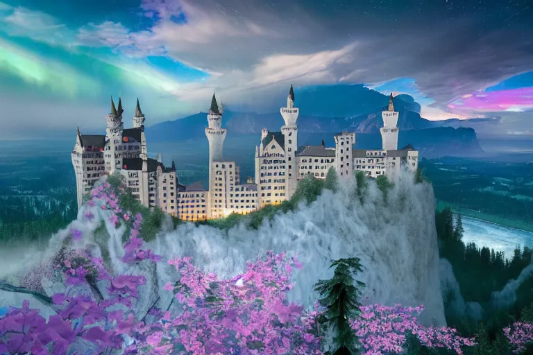 Image similar to neuschwanstein castle on pamukkale thermal waters flowing down gold travertine terraces in royal blue antelope canyon during sakura season on an interstellar aurora borealis with heavy thunder and lightning, pink waterfalls, rainbow, by peter mohrbacher, james jean, james gilleard, greg rutkowski, vincent di fate, rule of thirds, octane render, beautiful landscape