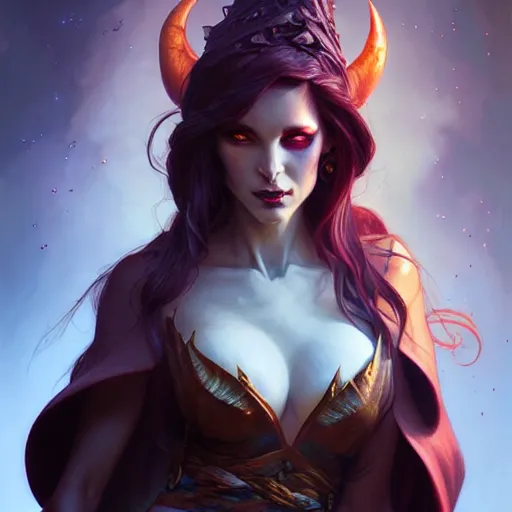 Image similar to Demoness, female, robes, D&D, fantasy, intricate, elegant, highly detailed, digital painting, artstation, octane render, concept art, matte, sharp focus, illustration, hearthstone, art by Artgerm and Greg Rutkowski and Alphonse Mucha