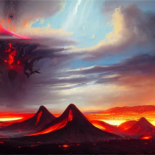 Prompt: panorama view on sauron, volcanic planes, oil painting, by Greg Rutkowski