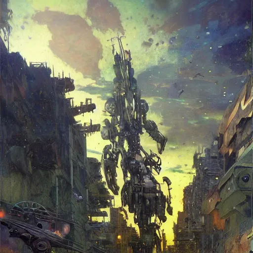 Image similar to six meters tall mech fighting in an urban environment, epic action scene, by gaston bussiere craig mullins jc leyendecker gustav klimt artgerm greg rutkowski john berkey, bergey, craig mullins, ruan jia, raymond swanland, jeremy mann, tom lovell, alex malveda, ray casting, hdr