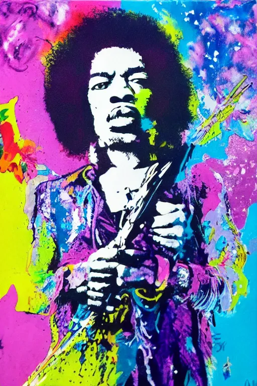 Image similar to Jimi Hendrix acrylic paint pour, watercolor, marbling, graffiti, very detailed, large white border, 144x144 canvas, hd, high resolution print :1 CMYK :1