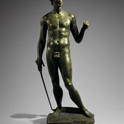 Prompt: An ancient greek bronze statue as The American Psycho, Cinematic still