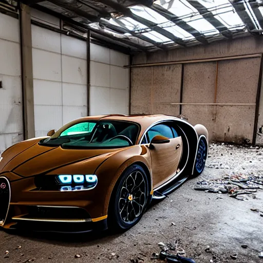 Image similar to an abandoned, derelict, ( really rusty ) bugatti chiron in a dirty warehouse