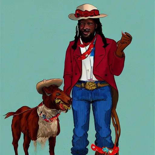 Image similar to king von laugh with fbg dug ( circa 1 9 0 1 ) in cowboy suit, theyre used red and blue bandana, photorealistic, based on real event