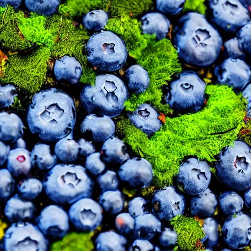 Image similar to closeup of a blueberry bush in a mossy nordic forest. Digital art. 4K. Artistic. Trending on artstation.