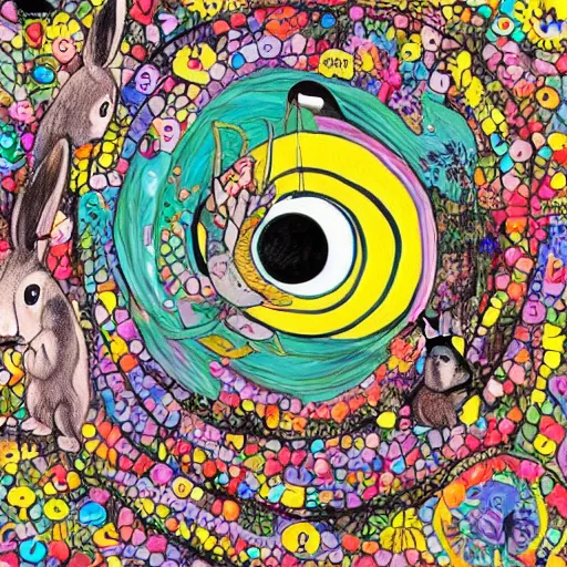 Prompt: A rabbit full of hope, looking for a black hole in an infinite time loop by llia yu Bunny eggs at Easter-n 9