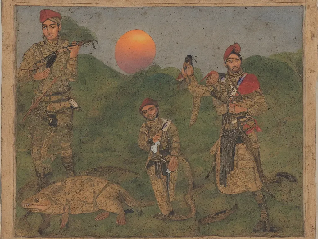 Image similar to Portrait of a young soldier with lizard. Mughal miniature. Sunset, river.