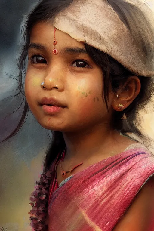 Image similar to hindu little girl, joyful, close - up portrait, intricate, elegant, volumetric lighting, scenery, digital painting, highly detailed, artstation, sharp focus, illustration, concept art, ruan jia, steve mccurry