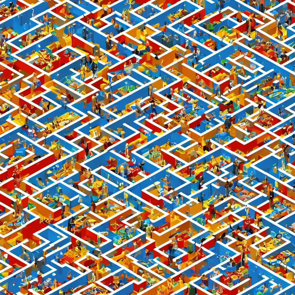 Prompt: wimmelbilder maze pinball machine illustration, isometric, very sharp