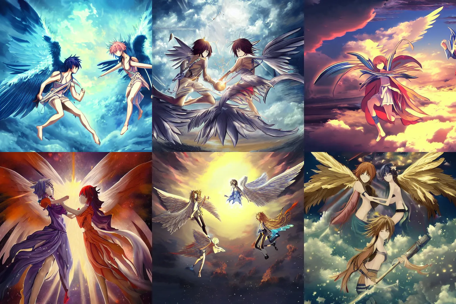 Prompt: highly detailed anime angels fighting in heaven, pixiv atmospheric illustration