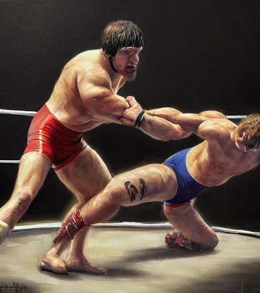 Prompt: high quality high detail painting by alberto mielgo and jaime jones, wrestling, cinematic, hd