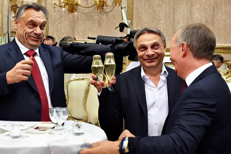 Image similar to viktor orban winking and drinking champagne with putin in front a burning city