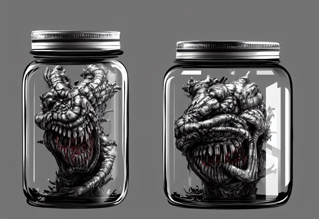 Image similar to Photorealistic miniature monster inside a jar on clean background by H.R. Giger, KDA and Sam Yang, trending on artstation