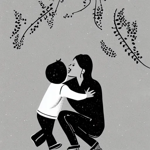 Image similar to beautiful cinematic style illustration where a mother appears with her happy son