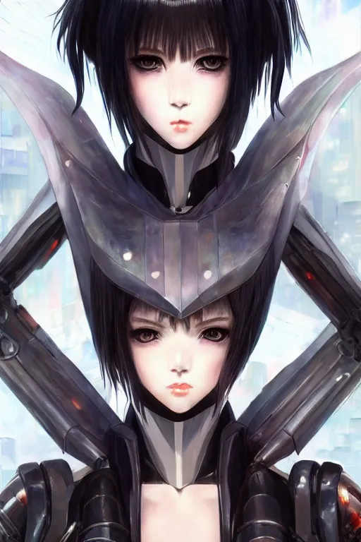 Image similar to portrait Anime girl in cyberpunk trinity blood armor, cute-fine-face, black-hair pretty face, realistic shaded Perfect face, fine details. Anime. realistic shaded lighting by Ilya Kuvshinov katsuhiro otomo ghost-in-the-shell, magali villeneuve, artgerm, rutkowski, WLOP Jeremy Lipkin and Giuseppe Dangelico Pino and Michael Garmash and Rob Rey and Yoshitaka Amano and Thores Shibamoto