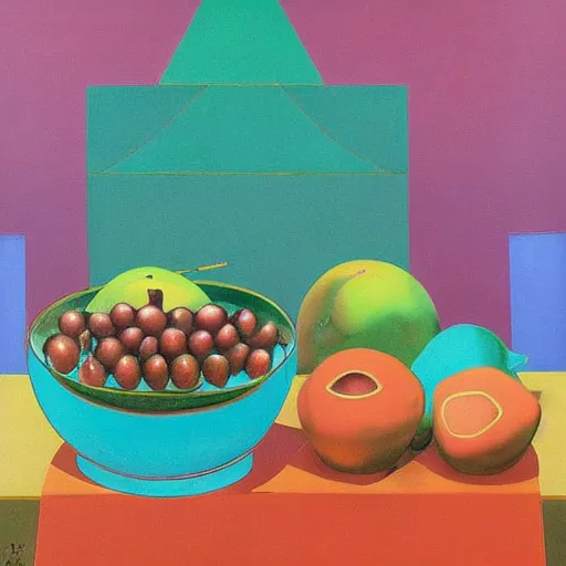 Prompt: by liu ye iron, turquoise swirling. a still life of fruit on a table. the fruit is arranged in a pyramid shape, with the largest pieces of fruit at the bottom & the smallest pieces of fruit at the top. the colors are bright & the experimental art has a lot of texture.