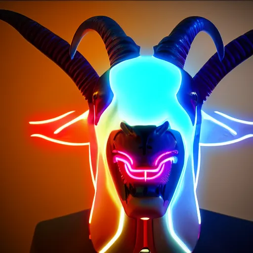 Prompt: synthwave demonic cyborg goat face with neon horns, detailed face, sharp focus, synthwave art, aesthetic, octane render, raw, cinematic