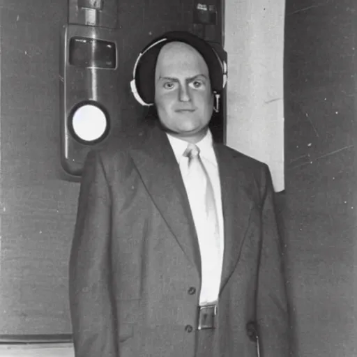 Image similar to full body man in suit with wearing a cathode ray tube TV on his head