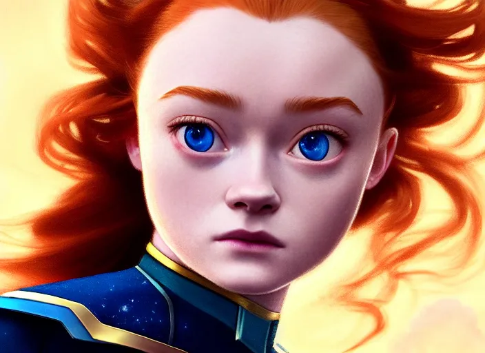 Image similar to a disney film still of sadie sink as a star trek officer, finely detailed features, closeup of the face, perfect art, dusk, blue hour, gapmoe yandere grimdark, trending on pixiv fanbox, painted by greg rutkowski, makoto shinkai, takashi takeuchi, alphonse mucha, akihiko yoshida