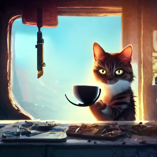 Prompt: A cat , in a space drinking coffe, in a post apocalyptic setting, ghibli, unreal 5, DAZ, hyperrealistic, octane render, RPG portrait, dynamic lighting