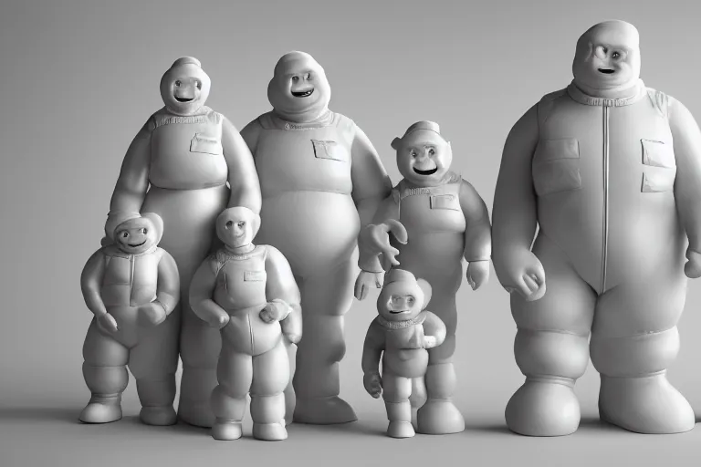 Prompt: a porcelain model, family portrait of Michelin Man, Bibendum family portrait, sculpture, photograph, studio lighting, product photography, pottery, figurine, octane render