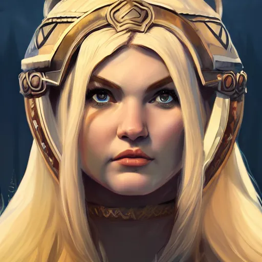 Image similar to epic portrait an beautiful female viking, front facing symmetrical centered painted portrait, just one head, Elisha Cuthbert as a D&D Paladin, RPG character avatar, Blizzard concept art, pixar, dreamworks, global illumination lighting, trending on artstation, by lois van baarle, ilya kuvshinov, rossdraws