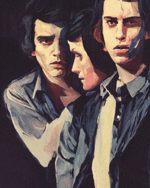 Prompt: two beautiful but sinister young men wearing oxford shirts in layers of fear, with haunted eyes and dark hair, 1 9 7 0 s, seventies, wallpaper, a lot of blood, moonlight showing injuries, delicate embellishments, painterly, offset printing technique, by brom, robert henri, walter popp