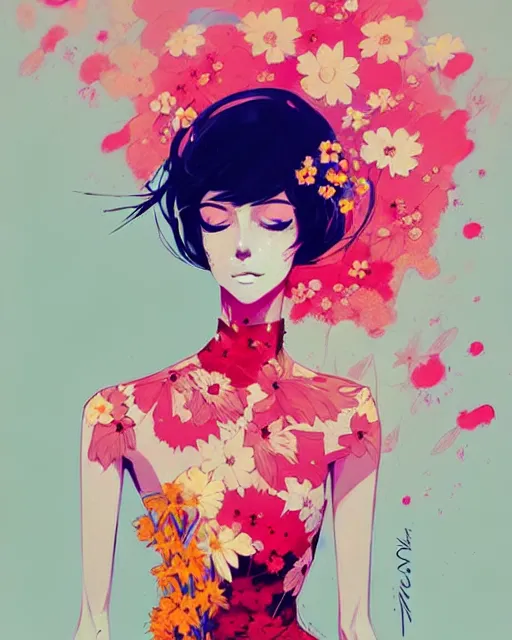 Image similar to a ultradetailed beautiful panting of a stylish woman in a flower dress, by conrad roset, greg rutkowski and makoto shinkai, trending on artstation