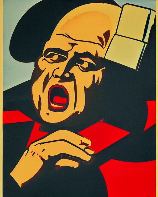 Image similar to soviet propaganda poster of an angry communist developer yelling at his computer