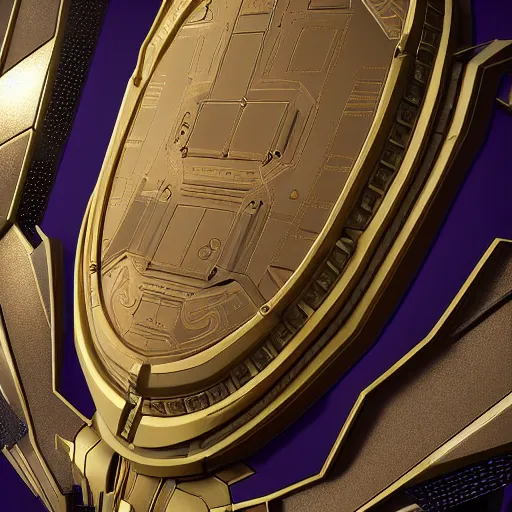 Image similar to high-tech golden sci-fi shield, intricate, unreal engine, 8K ultra detail, physically based rendering, dark purple background, trending on artstation, art by Armored Colony