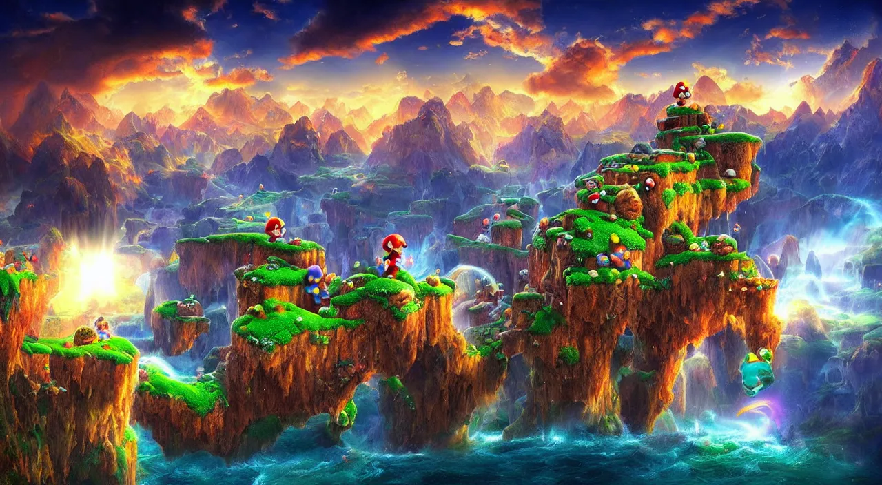 Prompt: amazing landscape photo of super mario world by marc adamus, beautiful dramatic lighting