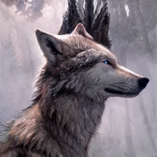 Image similar to half wolf half human hit intricate skin, fur, silicone cover, elegant, peaceful, full body, hyper realistic, extremely detailed, dnd character art portrait, fantasy art, intricate fantasy painting, dramatic lighting, vivid colors, deviant art, artstation, by edgar maxence and caravaggio and michael whelan and delacroix