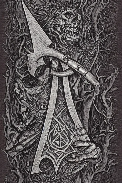 Image similar to a war axe with magic rune engraving by Gerald Brom
