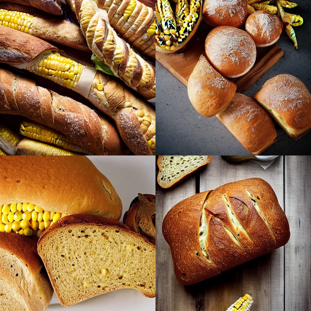 Prompt: mouthwatering bread with corn in it, food photography