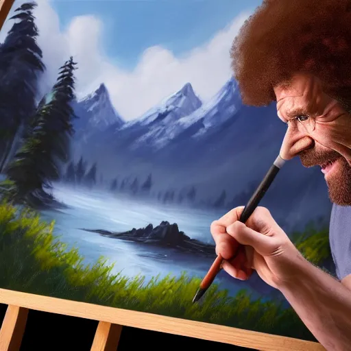 Image similar to a closeup photorealistic photograph of bob ross working on a canvas painting of deadpool. film still. brightly lit scene. mountains and trees. this 4 k hd image is trending on artstation, featured on behance, well - rendered, extra crisp, features intricate detail, epic composition and the style of unreal engine.