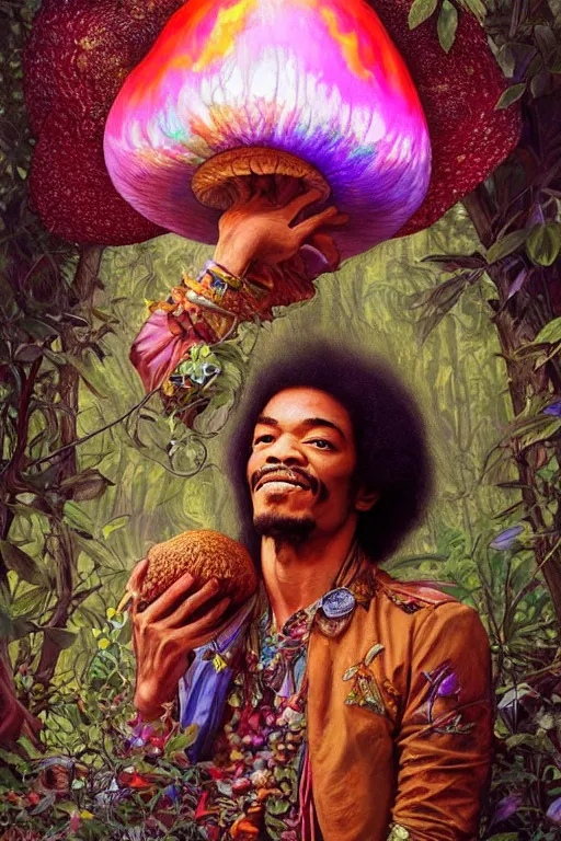 Prompt: beautiful cottagecore jimmy hendrix holding a big magic mushroom, psychedelic Hair, vibrant magical forest, intricate, elegant, highly detailed, digital painting, artstation, concept art, smooth, sharp, focus, illustration, art by artgerm and greg rutkowski and alphonse mucha