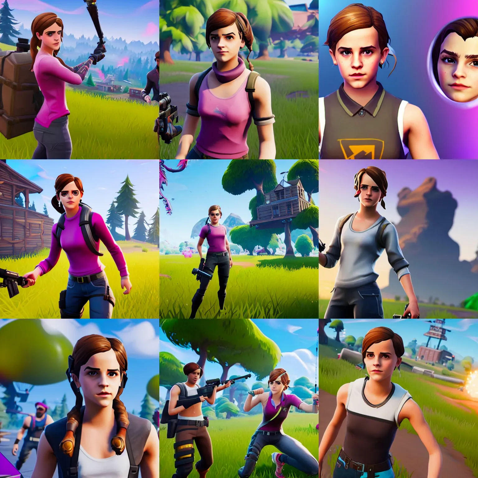 Prompt: teen emma watson in fortnite, ps 4, video game still