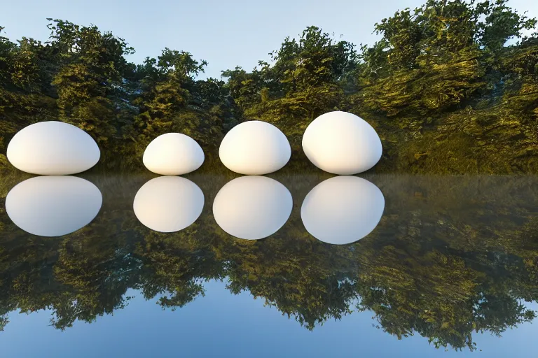 Image similar to a building formed by the intersection and fusion of many multi - white spherical and egg - shaped spaces. on the calm lake, people's perspective award winning, highly detailed 4 k art, dusk, unreal engine highly rendered, global illumination, radial light, internal environment by kazuyo sejima