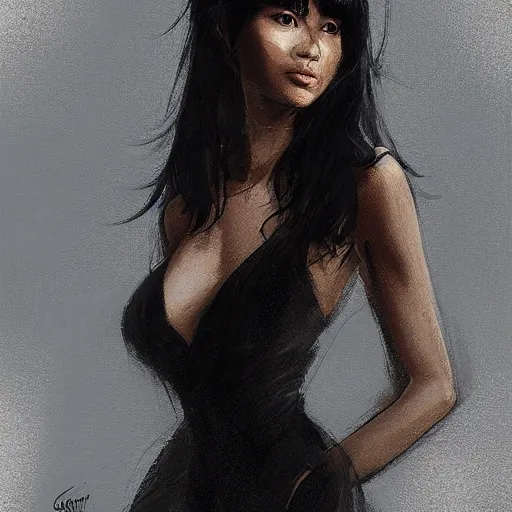 Image similar to Portrait of a woman by Greg Rutkowski, she is about 30 years old, mixture between korean, indian and arabian, pretty, black straigh hair with bangs, attractive, tall and slim, she is wearing beigen and black utilitarian jumpsuit, highly detailed portrait, scifi, digital painting, artstation, concept art, smooth, sharp foccus ilustration, Artstation HQ