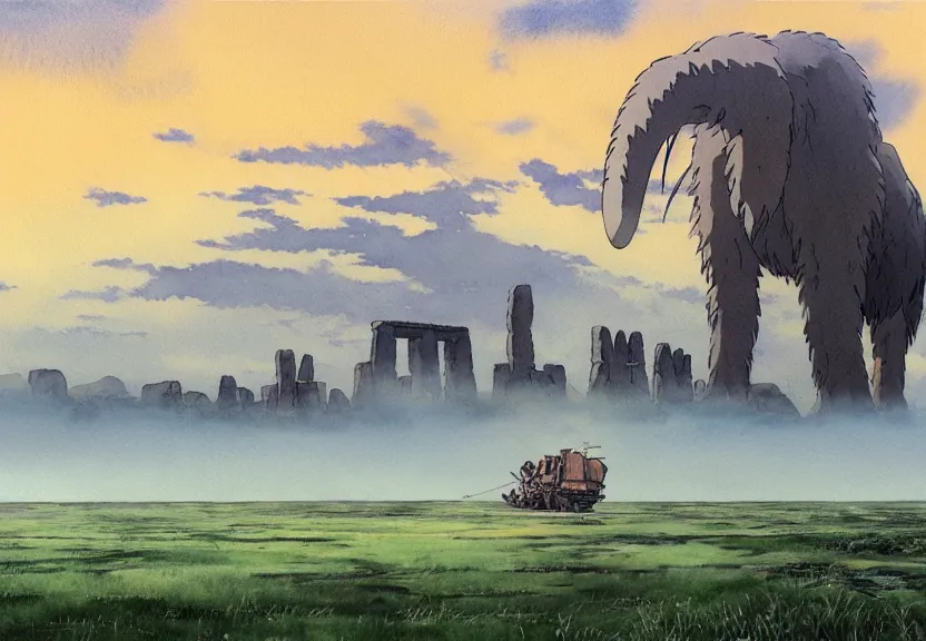 Prompt: a hyperrealist watercolor concept art from a studio ghibli film showing a giant grey mechanized mammoth from howl's moving castle ( 2 0 0 4 ). stonehenge is under construction in the background, on the grasslands on a misty and starry night. by studio ghibli. very dull muted colors