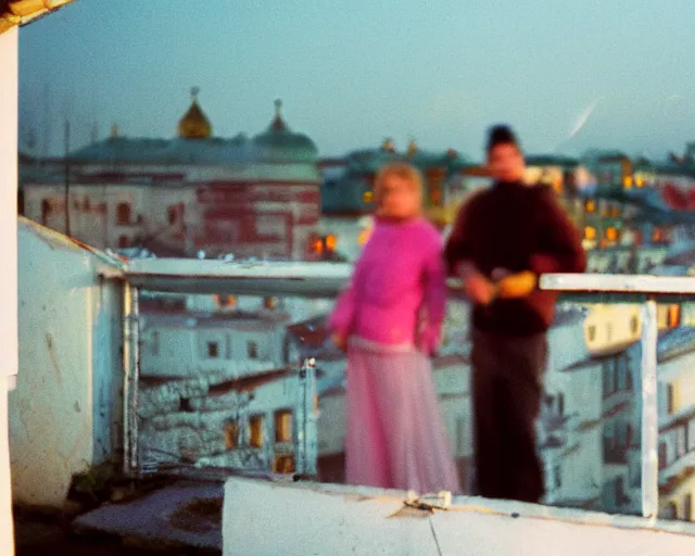 Image similar to lomo photo of pair standing on small hrushevka balcony full with cigarette smoke in small russian town looking at sunset, cinestill, bokeh