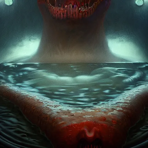 Image similar to UHD photorealistic Lovecraftian Dagon in aa hot tub with Elon Musk, in the style of tonalism by Greg Rutkowski, trending on Artstation, hyperrealistic, correct details, symmetrical faces