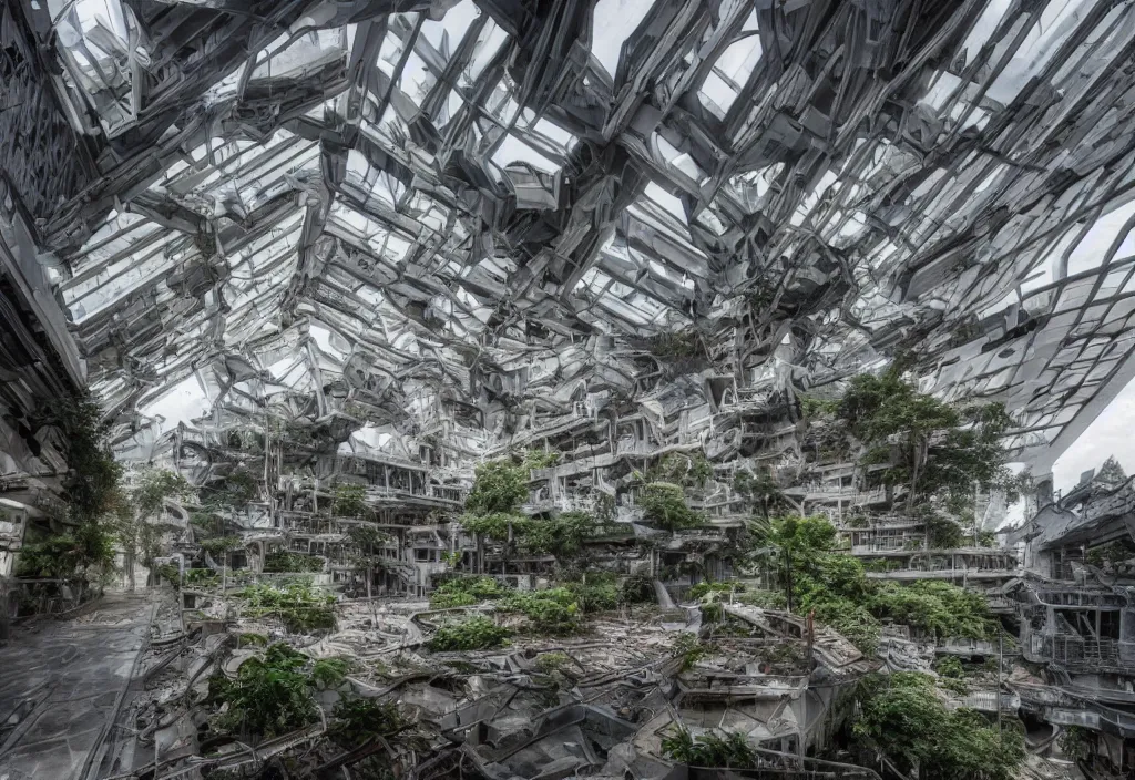 Image similar to of a dystopian city abandoned with debris, nice lighting, building full of plants, futurism, mc Escher, photography, architecture, 8k, detailed