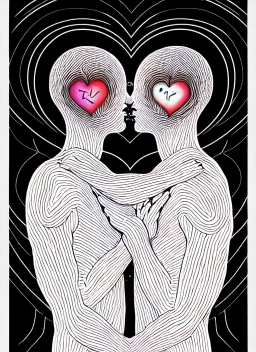 Image similar to 1 px color ink art by junji ito, perfectly centered symmetrical balanced male and female portrait of man and woman in love sharing one heart. high coherence ; fractal geometrical 8 k ultra hd